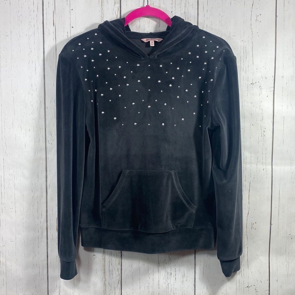 Juice Couture Studded Y2K Gray Velour Pullover Hoodie Sweatshirt